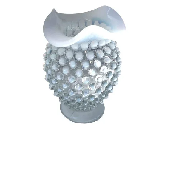 Fenton Vintage White Hobnail Opalescent Milk Glass Vase Petite Ruffled Edge Deco